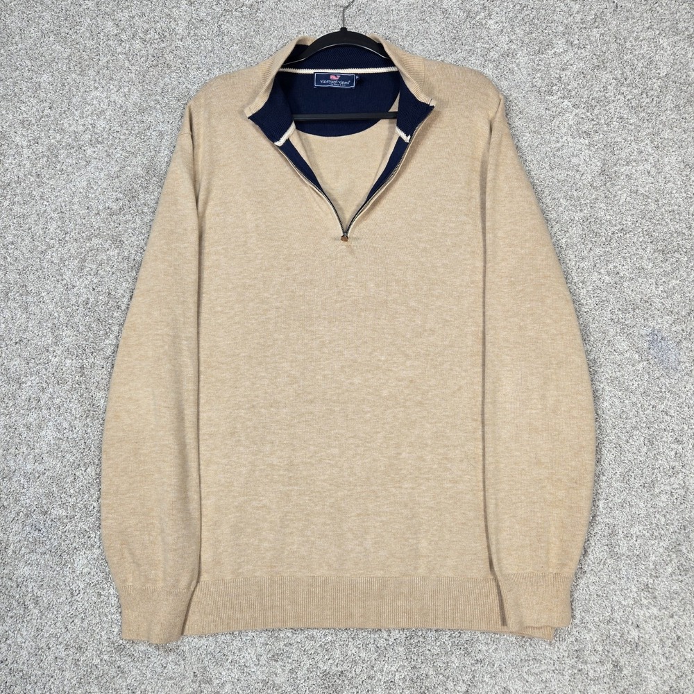 Vineyard vines mens XL sweater beige silk blend boathouse tipped 1/4 zip
